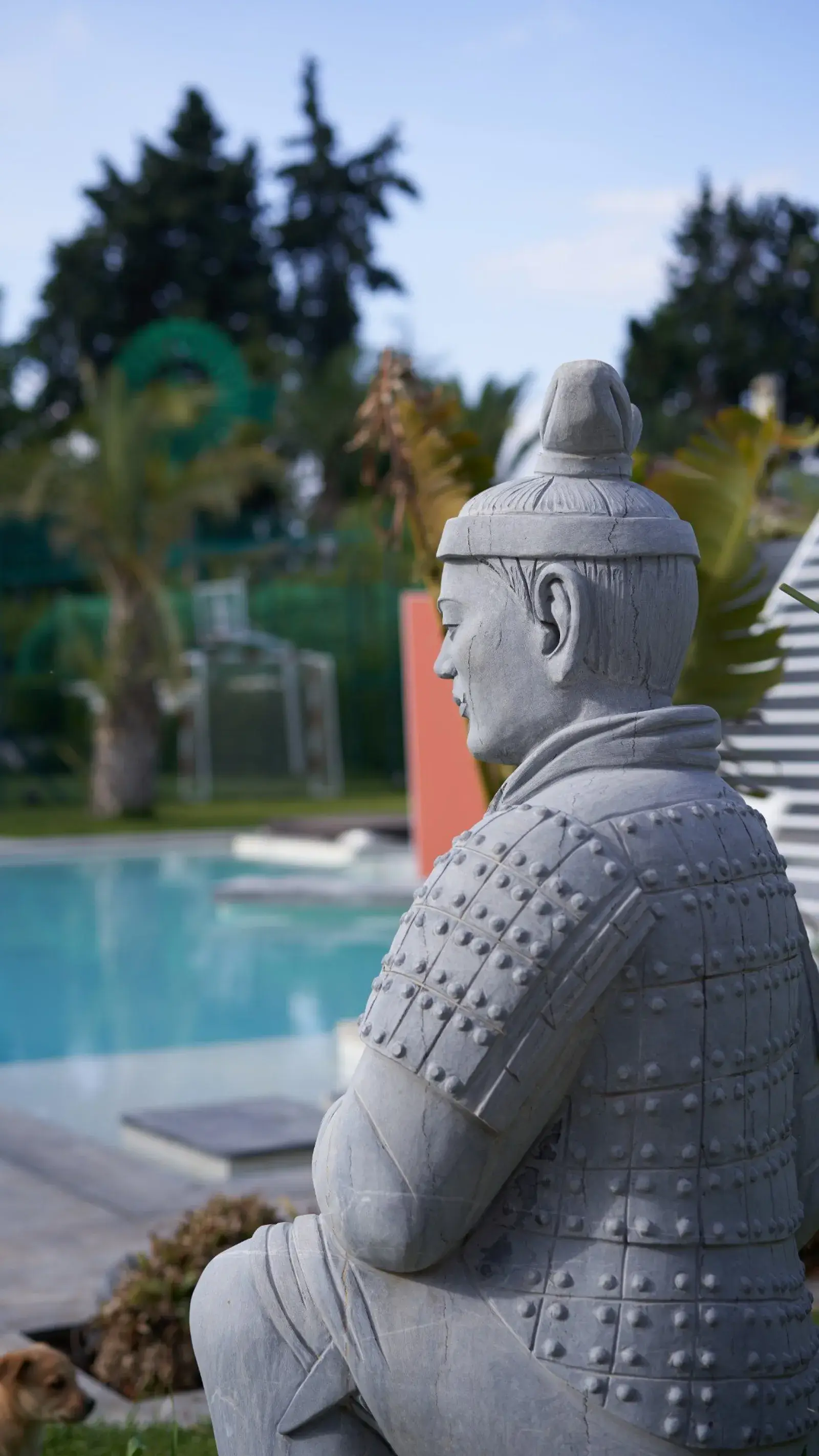 Statue de guerrier en pierre au bord de la piscine conçue par AMARGUS